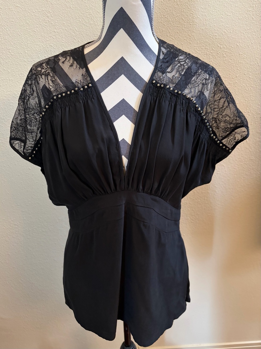 Nanette Lepore Black Silk Lace Studded Blouse Top Size 10